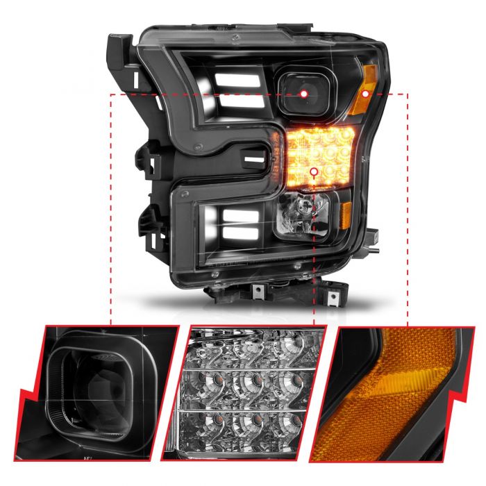 ANZO - 2015-2017 FORD F150 PROJECTOR LIGHT WITH BAR STYLE LIGHT BLACK HOUSING / AMBER SEQUENTIAL SIGNAL-Headlights-Deviate Dezigns (DV8DZ9)