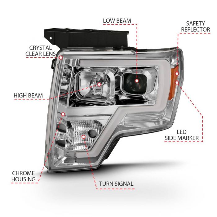 ANZO - 2009-2014 FORD F150 PROJECTOR HEADLIGHTS WITH CHROME HOUSING AND LIGHT BAR-Headlights-Deviate Dezigns (DV8DZ9)