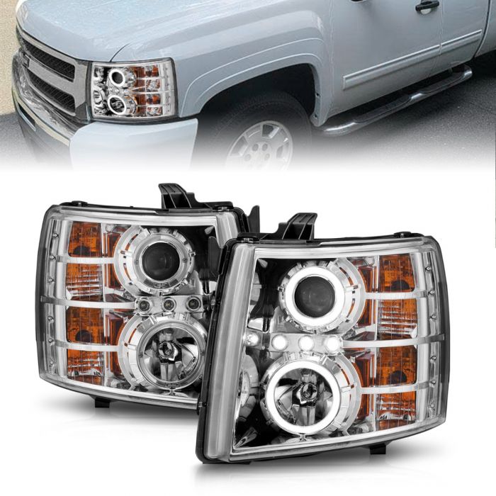 ANZO - 2007-2013 CHEVROLET SILVERADO 1500/2500HD/3500HD PROJECTOR HALO HEADLIGHTS CHROME-Headlights-Deviate Dezigns (DV8DZ9)