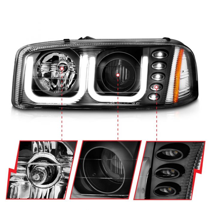 ANZO - 1999-2006 GMC SIERRA 1500/2500/3500 PROJECTOR HEADLIGHT U-BAR BLACK CLEAR-Headlights-Deviate Dezigns (DV8DZ9)