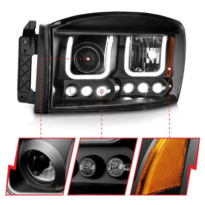 ANZO - 2006-2008 DODGE RAM 1500/2500/3500 PROJECTOR HEADLIGHTS WITH U-BAR BLACK HOUSING-Headlights-Deviate Dezigns (DV8DZ9)