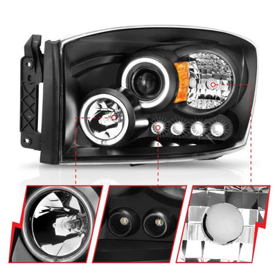 ANZO - 2006-2008 DODGE RAM 1500/2500/3500 PROJECTOR HEADLIGHTS WITH LED HALOS BLACK HOUSING-Headlights-Deviate Dezigns (DV8DZ9)