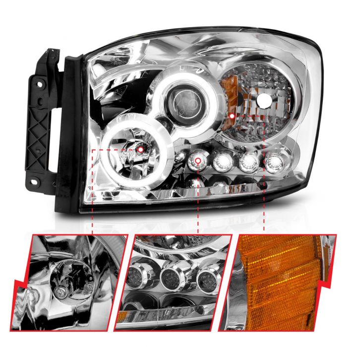 ANZO - 2006-2008 DODGE RAM 1500/2500/3500 PROJECTOR HEADLIGHTS CHROME WITH RX HALO-Headlights-Deviate Dezigns (DV8DZ9)