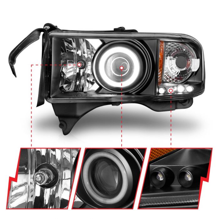 ANZO - 1994-2001 DODGE RAM 1500/2500/3500 PROJECTOR HEADLIGHTS BLACK WITH RX HALO-Headlights-Deviate Dezigns (DV8DZ9)