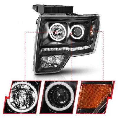 ANZO - 2009-2014 FORD F150 PROJECTOR HEADLIGHTS BLACK WITH RX HALO-Headlights-Deviate Dezigns (DV8DZ9)