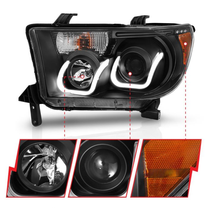 ANZO - 2007-2013 TOYOTA TUNDRA PROJECTOR HEADLIGHTS IN BLACK HOUSING WITH U-BAR STYLE LIGHT WITH AMBER REFLECTOR-Headlights-Deviate Dezigns (DV8DZ9)