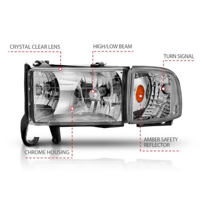 ANZO - 1994-2001 DODGE RAM 1500/2500/3500 CRYSTAL HEADLIGHTS CHROME WITH CORNER LIGHT-Headlights-Deviate Dezigns (DV8DZ9)