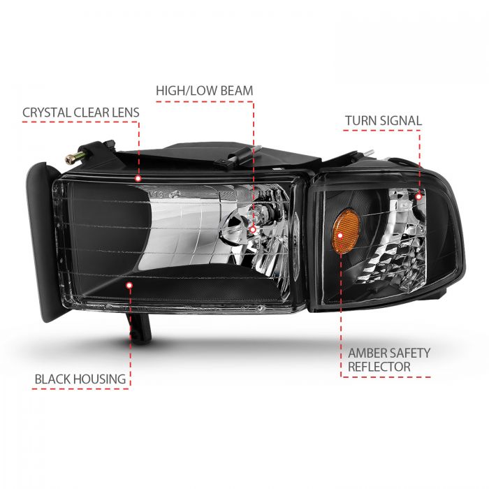 ANZO - 1994-2001 DODGE RAM 1500/2500/3500 CRYSTAL HEADLIGHTS BLACK WITH CORNER LIGHT-Headlights-Deviate Dezigns (DV8DZ9)