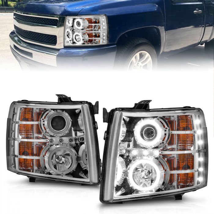 ANZO - 2007-2013 CHEVROLET SILVERADO 1500/2500HD/3500HD PROJECTOR HEADLIGHTS CHROME CLEAR WITH RX HALO-Headlights-Deviate Dezigns (DV8DZ9)