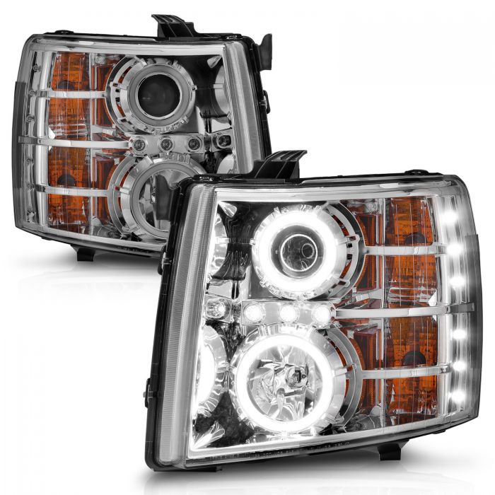 ANZO - 2007-2013 CHEVROLET SILVERADO 1500/2500HD/3500HD PROJECTOR HEADLIGHTS CHROME CLEAR WITH RX HALO-Headlights-Deviate Dezigns (DV8DZ9)