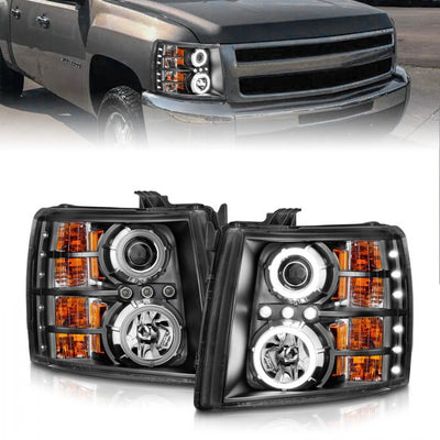 ANZO - 2007-2013 CHEVROLET SILVERADO 1500/2500HD/3500HD PROJECTOR HEADLIGHTS BLACK CLEAR WITH RX HALO-Headlights-Deviate Dezigns (DV8DZ9)