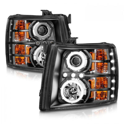 ANZO - 2007-2013 CHEVROLET SILVERADO 1500/2500HD/3500HD PROJECTOR HEADLIGHTS BLACK CLEAR WITH RX HALO-Headlights-Deviate Dezigns (DV8DZ9)