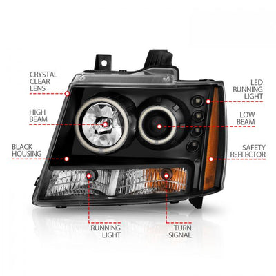 ANZO - 2007-2014 CHEVROLET TAHOE/SUBURBAN PROJECTOR HEADLIGHTS BLACK WITH RX HALO-Headlights-Deviate Dezigns (DV8DZ9)