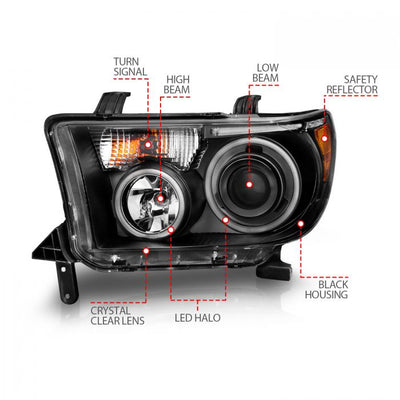 ANZO - 2007-2013 TOYOTA TUNDRA PROJECTOR HEADLIGHTS BLACK WITH RX HALO AND LED BAR-Headlights-Deviate Dezigns (DV8DZ9)