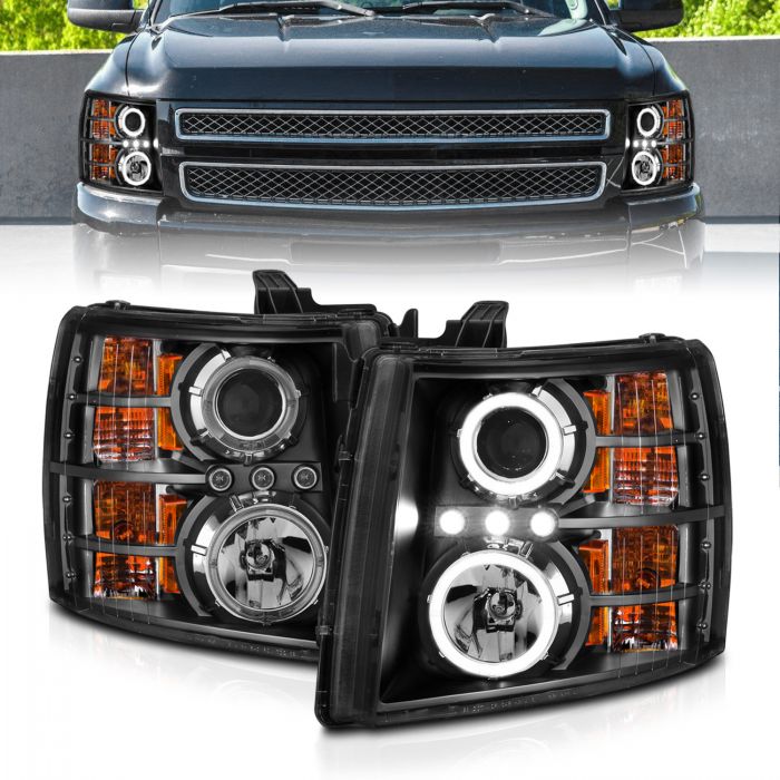 ANZO - 2007-2013 CHEVROLET SILVERADO 1500/2500HD/3500HD PROJECTOR HALO HEADLIGHTS BLACK CLEAR-Headlights-Deviate Dezigns (DV8DZ9)