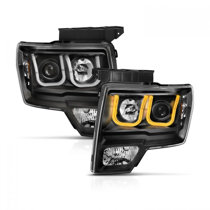 ANZO - 2009-2014 FORD F150 PROJECTOR SWITCHBACK HEADLIGHTS U-BAR BLACK WITH AMBER-Headlights-Deviate Dezigns (DV8DZ9)