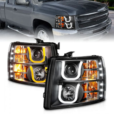 ANZO - 2007-2013 CHEVROLET SILVERADO 1500/2500HD/3500HD PROJECTOR SWITCHBACK U-BAR HEADLIGHTS BLACK-Headlights-Deviate Dezigns (DV8DZ9)