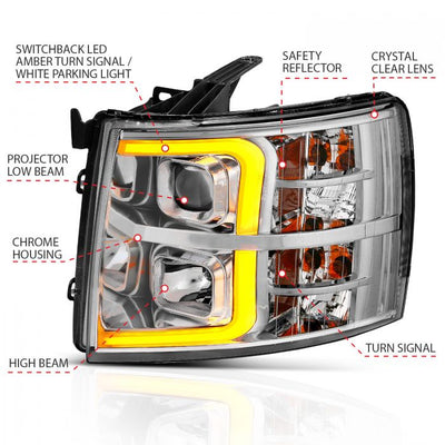 ANZO - 2007-2013 CHEVROLET SILVERADO 1500/2500HD/3500HD PROJECTOR PLANK SWITCHBACK HEADLIGHT CHROME-Headlights-Deviate Dezigns (DV8DZ9)