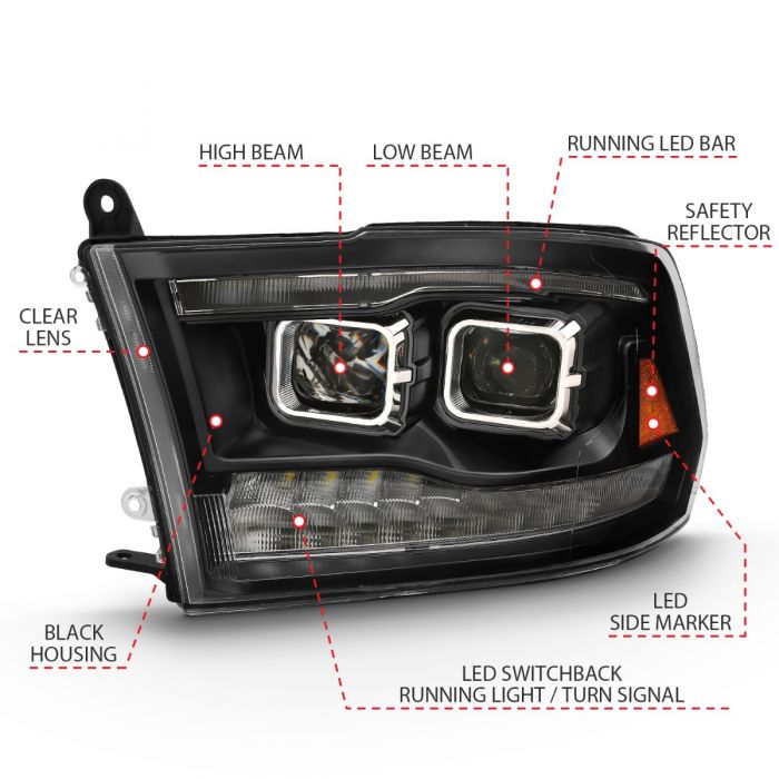 ANZO - 2009-2018 DODGE RAM 1500/2500/3500 DUAL PROJECTOR SWITCHBACK HEADLIGHTS BLACK AMBER-Headlights-Deviate Dezigns (DV8DZ9)