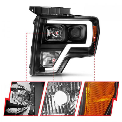 ANZO - 2009-2014 FORD F150 PROJECTOR HEADLIGHTS WITH BLACK HOUSING PLANK STYLE LIGHT BAR/AMBER-Headlights-Deviate Dezigns (DV8DZ9)