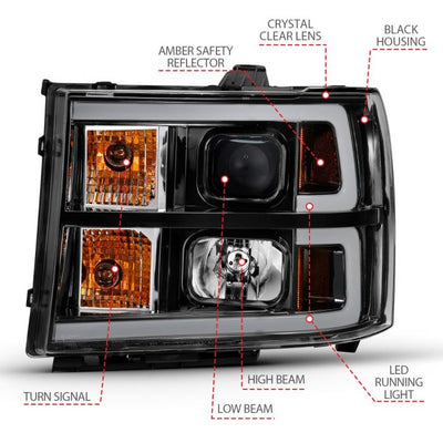 ANZO - 2007-2013 GMC SIERRA 1500/2500HD/3500HD PROJECTOR HEADLIGHT PLANK STYLE BLACK-Headlights-Deviate Dezigns (DV8DZ9)