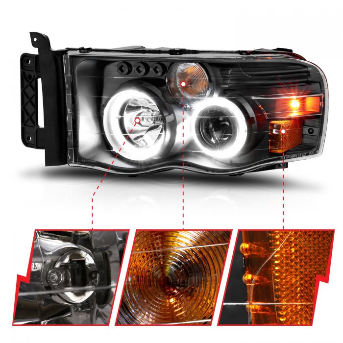 ANZO - 2002-2005 DODGE RAM 1500/2500/3500 PROJECTOR HALO HEADLIGHTS BLACK CLEAR-Headlights-Deviate Dezigns (DV8DZ9)