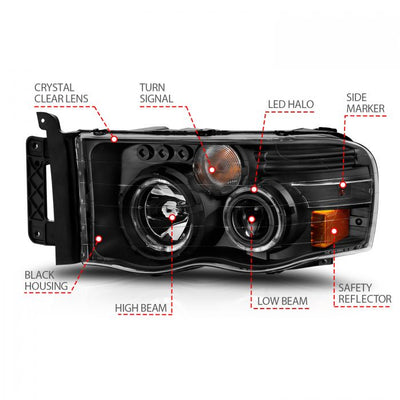 ANZO - 2002-2005 DODGE RAM 1500/2500/3500 PROJECTOR HALO HEADLIGHTS BLACK CLEAR-Headlights-Deviate Dezigns (DV8DZ9)