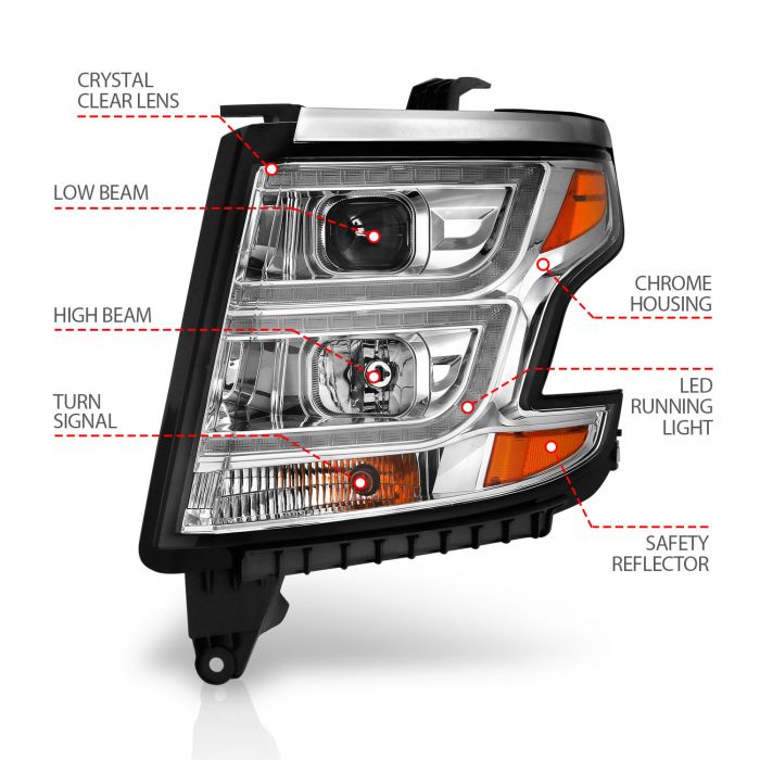 ANZO - 2015-2020 CHEVROLET TAHOE/SUBURBAN PROJECTOR C BAR HEADLIGHT CHROME-Headlights-Deviate Dezigns (DV8DZ9)