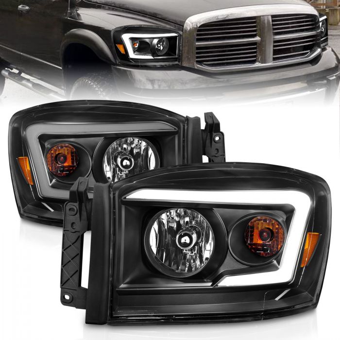 ANZO - 2006-2008 DODGE RAM 1500/2500/3500 CRYSTAL HEADLIGHTS BLACK WITH C LIGHT BAR AMBER-Headlights-Deviate Dezigns (DV8DZ9)