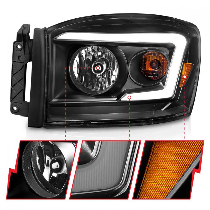 ANZO - 2006-2008 DODGE RAM 1500/2500/3500 CRYSTAL HEADLIGHTS BLACK WITH C LIGHT BAR AMBER-Headlights-Deviate Dezigns (DV8DZ9)