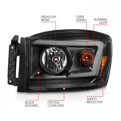 ANZO - 2006-2008 DODGE RAM 1500/2500/3500 CRYSTAL HEADLIGHTS BLACK WITH C LIGHT BAR AMBER-Headlights-Deviate Dezigns (DV8DZ9)