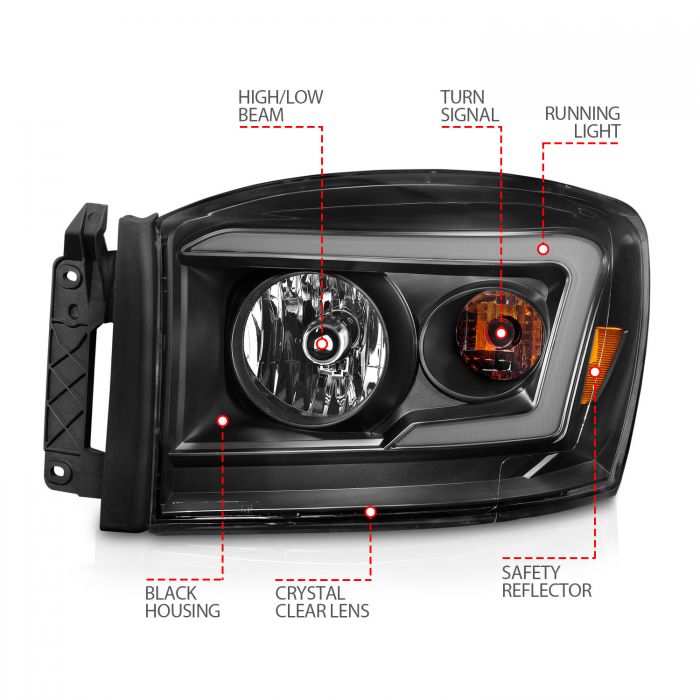 ANZO - 2006-2008 DODGE RAM 1500/2500/3500 CRYSTAL HEADLIGHTS BLACK WITH C LIGHT BAR AMBER-Headlights-Deviate Dezigns (DV8DZ9)