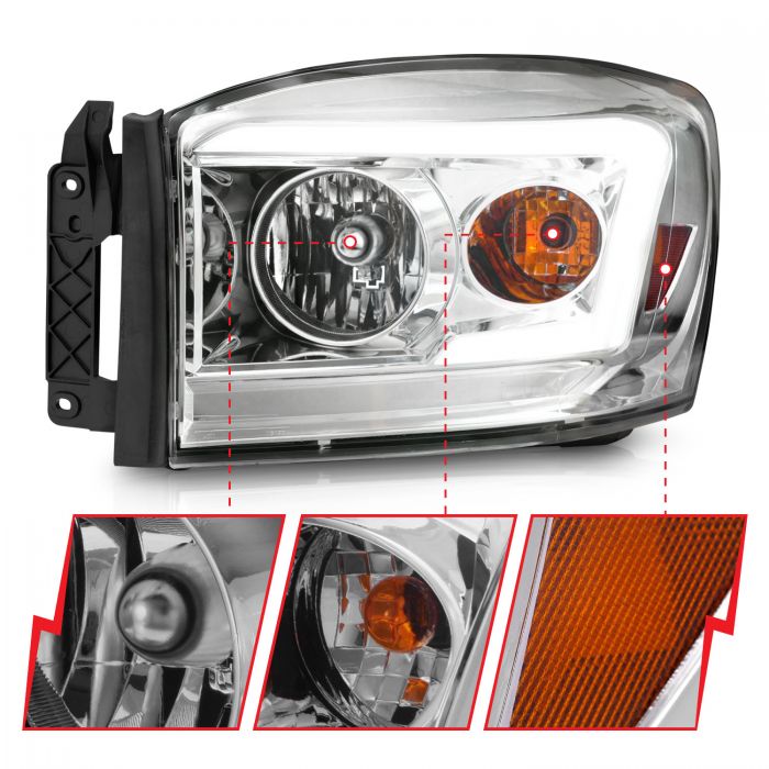 ANZO - 2006-2008 DODGE RAM 1500/2500/3500 CRYSTAL HEADLIGHTS CHROME WITH C LIGHT BAR AMBER-Headlights-Deviate Dezigns (DV8DZ9)