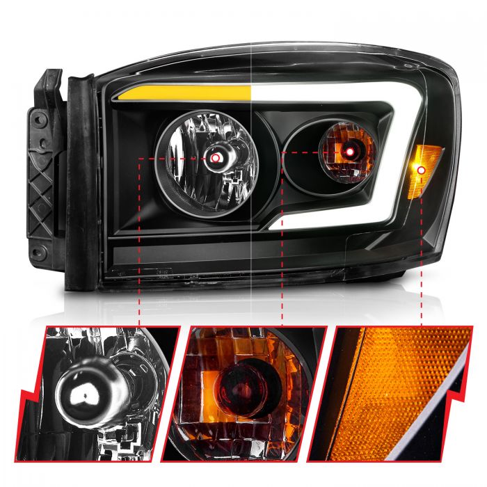 ANZO - 2006-2008 DODGE RAM 1500/2500/3500 SWITCHBACK CRYSTAL HEADLIGHTS BLACK AMBER WITH C LIGHT BAR-Headlights-Deviate Dezigns (DV8DZ9)