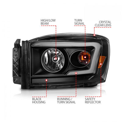 ANZO - 2006-2008 DODGE RAM 1500/2500/3500 SWITCHBACK CRYSTAL HEADLIGHTS BLACK AMBER WITH C LIGHT BAR-Headlights-Deviate Dezigns (DV8DZ9)