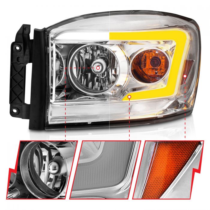 ANZO - 2006-2008 DODGE RAM 1500/2500/3500 SWITCHBACK CRYSTAL HEADLIGHT WITH C LIGHT BAR CHROME CLEAR-Headlights-Deviate Dezigns (DV8DZ9)