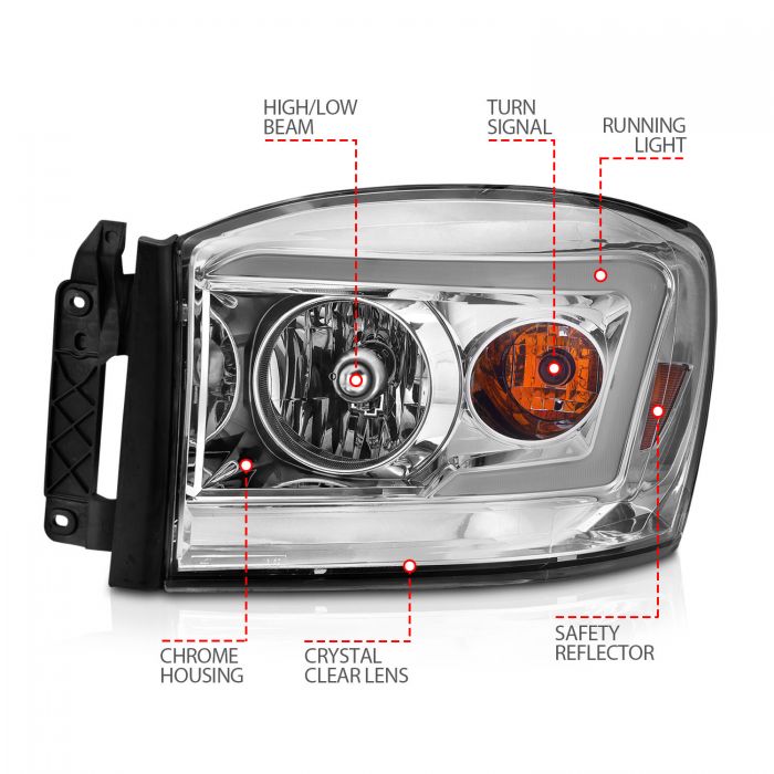 ANZO - 2006-2008 DODGE RAM 1500/2500/3500 SWITCHBACK CRYSTAL HEADLIGHT WITH C LIGHT BAR CHROME CLEAR-Headlights-Deviate Dezigns (DV8DZ9)