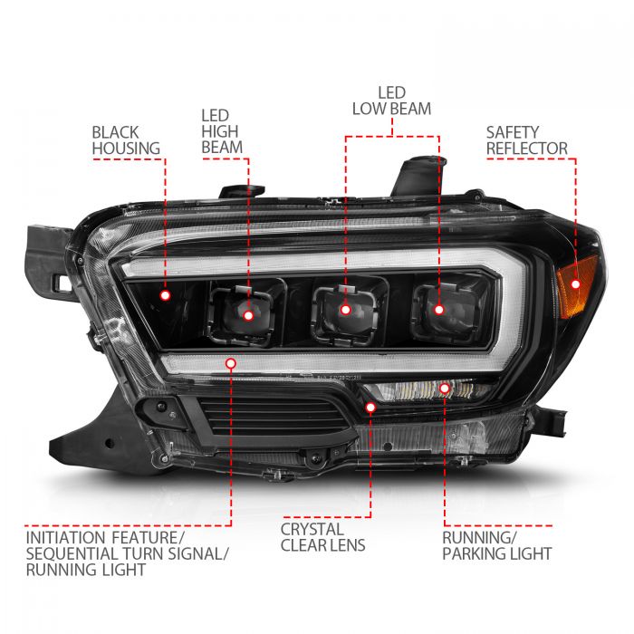 ANZO - 2016-2022 TOYOTA TACOMA BLACK FULL LED PROJECTOR PLANK STYLE HEADLIGHTS WITH INITIATION FEATURE & SEQUENTIAL (HALOGEN DRL)-Headlights-Deviate Dezigns (DV8DZ9)