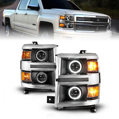 ANZO - 2014-2015 CHEVROLET SILVERADO 1500 PROJECTOR HEADLIGHTS LED HALO BLACK CLEAR WITH CHROME TRIM-Headlights-Deviate Dezigns (DV8DZ9)