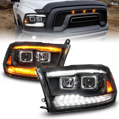 ANZO - 2009-2019 RAM 1500/2010-2018 RAM 2500/3500 PROJECTOR HEADLIGHTS BLACK HOUSING CLEAR LENS AMBER W/ SEQUENTIAL LIGHT BAR-Headlights-Deviate Dezigns (DV8DZ9)