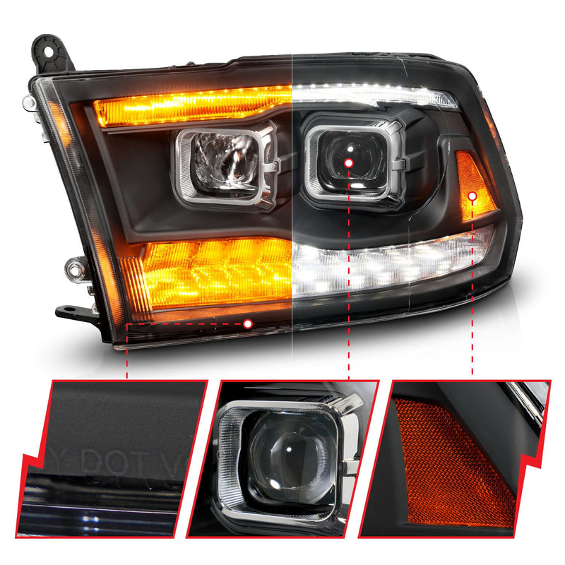 ANZO - 2009-2019 RAM 1500/2010-2018 RAM 2500/3500 PROJECTOR HEADLIGHTS BLACK HOUSING CLEAR LENS AMBER W/ SEQUENTIAL LIGHT BAR-Headlights-Deviate Dezigns (DV8DZ9)