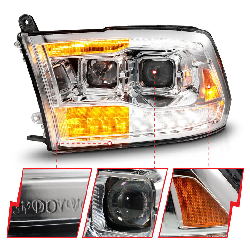 ANZO - 2009-2019 RAM 1500/2010-2018 RAM 2500/3500 PROJECTOR HEADLIGHTS CHROME HOUSING CLEAR LENS AMBER W/ SEQUENTIAL LIGHT BAR-Headlights-Deviate Dezigns (DV8DZ9)