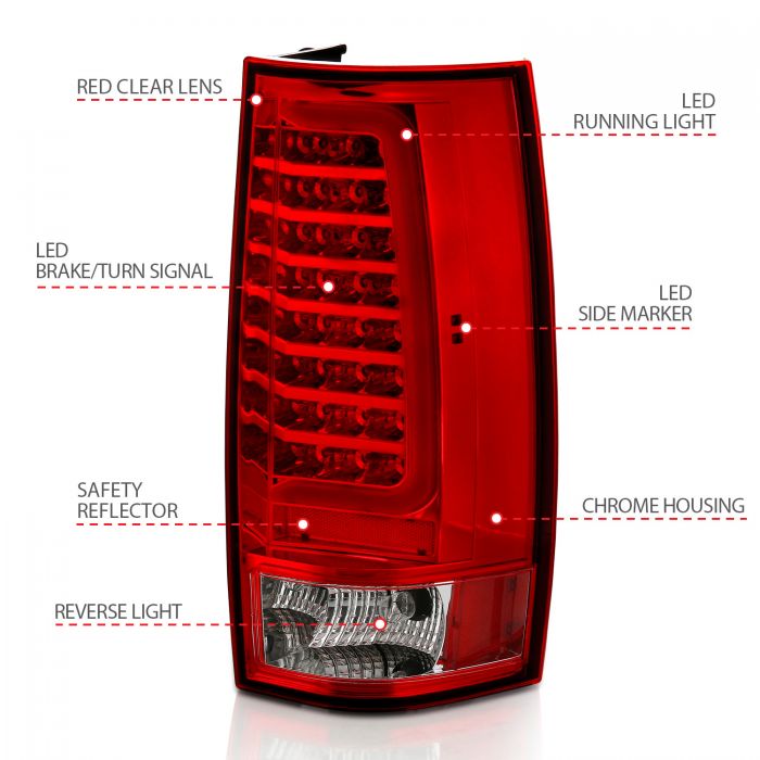 ANZO - 2007-2014 CHEVROLET TAHOE/SUBURBAN/GMC YUKON LED TAILLIGHT PLANK STYLE CHROME WITH RED/CLEAR LENS-Tail Lights-Deviate Dezigns (DV8DZ9)