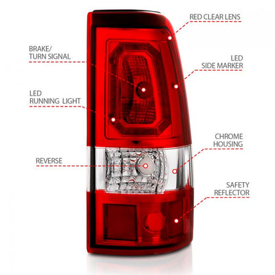 ANZO - 1999-2002 CHEVROLET SILVERADO 1500/2500/3500 LED TAILLIGHTS PLANK STYLE CHROME WITH RED/CLEAR LENS-Tail Lights-Deviate Dezigns (DV8DZ9)