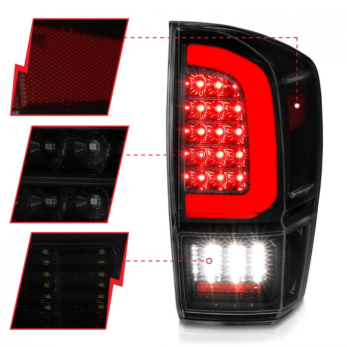 ANZO - 2016-2022 TOYOTA TACOMA FULL LED TAILLIGHTS BLACK HOUSING SMOKE LENS SEQUENTIAL WITH C LIGHT BAR-Tail Lights-Deviate Dezigns (DV8DZ9)