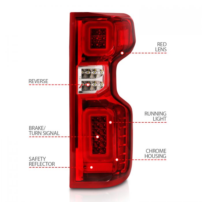 ANZO - 2019-2021 CHEVROLET SILVERADO 1500 FULL LED TAILLIGHT CHROME HOUSING RED/CLEAR LENS (FACTORY HALOGEN BULB MODEL)-Tail Lights-Deviate Dezigns (DV8DZ9)