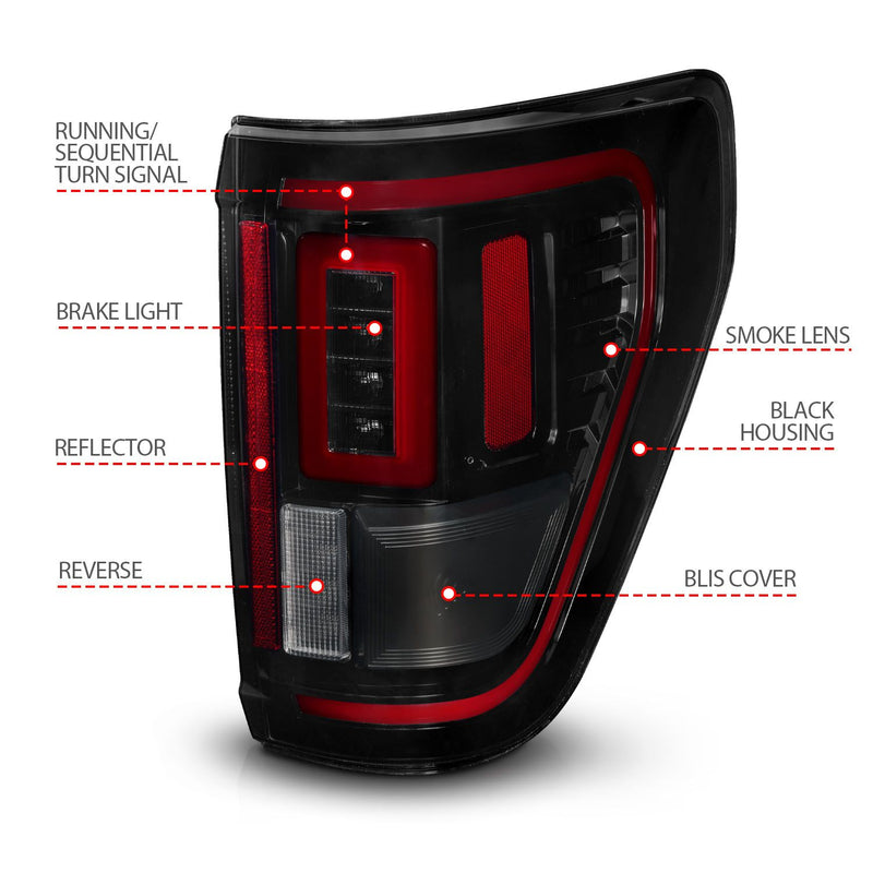 ANZO - FORD F-150 21-23 FULL LED TAIL LIGHTS BLACK HOUSING SMOKE LENS W/ INITIATION & SEQUENTIAL (FOR HALOGEN MODEL W/O BLIS & LED MODEL W/ BLIS SYSTEM)-Tail Lights-Deviate Dezigns (DV8DZ9)