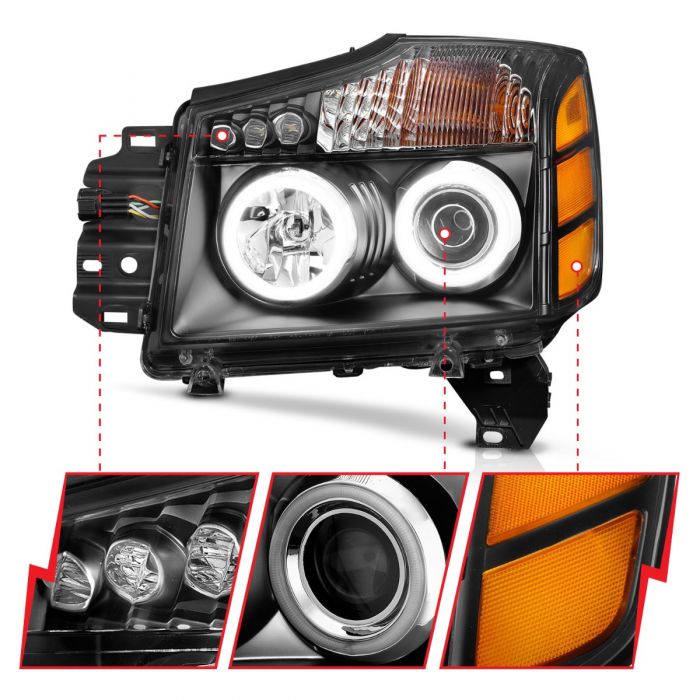 ANZO - 2004-2015 NISSAN TITAN PROJECTOR HEADLIGHTS BLACK WITH RX HALO-Headlights-Deviate Dezigns (DV8DZ9)